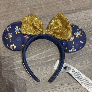 Disney Gold Sequin Bow Minnie Ears with Blue Headband